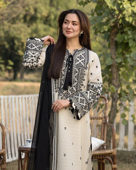 3 PC EMBROIDERED DHANAK SUIT NS110